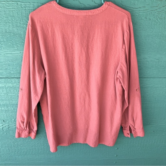 LINEN V-NECK ROLL TAB SLEEVES BUTTON DOWN TUNIC TOP SALMON HIGH LOW SIZE LARGE - Picture 5 of 6